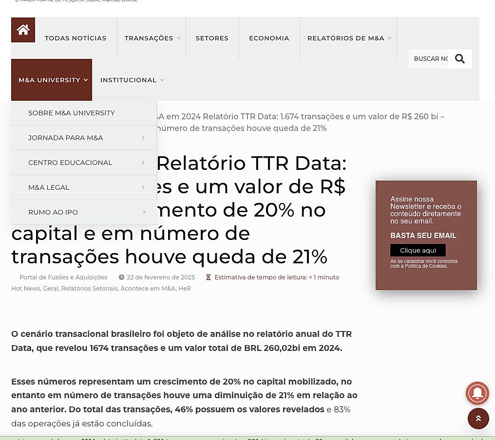 M&A em 2024 Relatrio TTR Data: 1.674 transaes e um valor de R$ 260 bi  crescimento de 20% no capital e em nmero de transaes houve queda de 21%